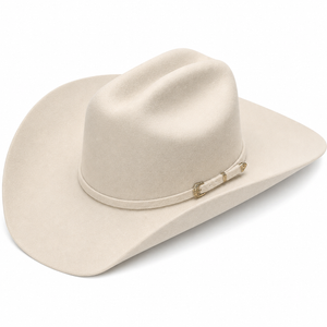 Beige Silverbelly cowboy hat with a band on a white background
