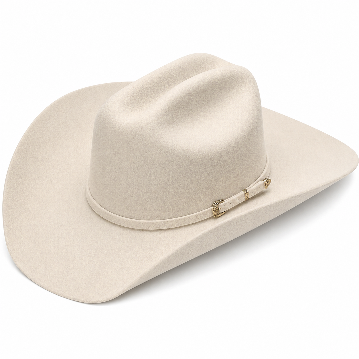 Beige Silverbelly cowboy hat with a band on a white background
